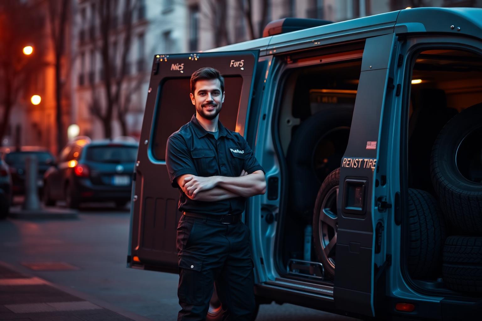 Technicien FIRST PNEUS avec son van équipé pour dépannage, montage à domicile et service garage en Île-de-France